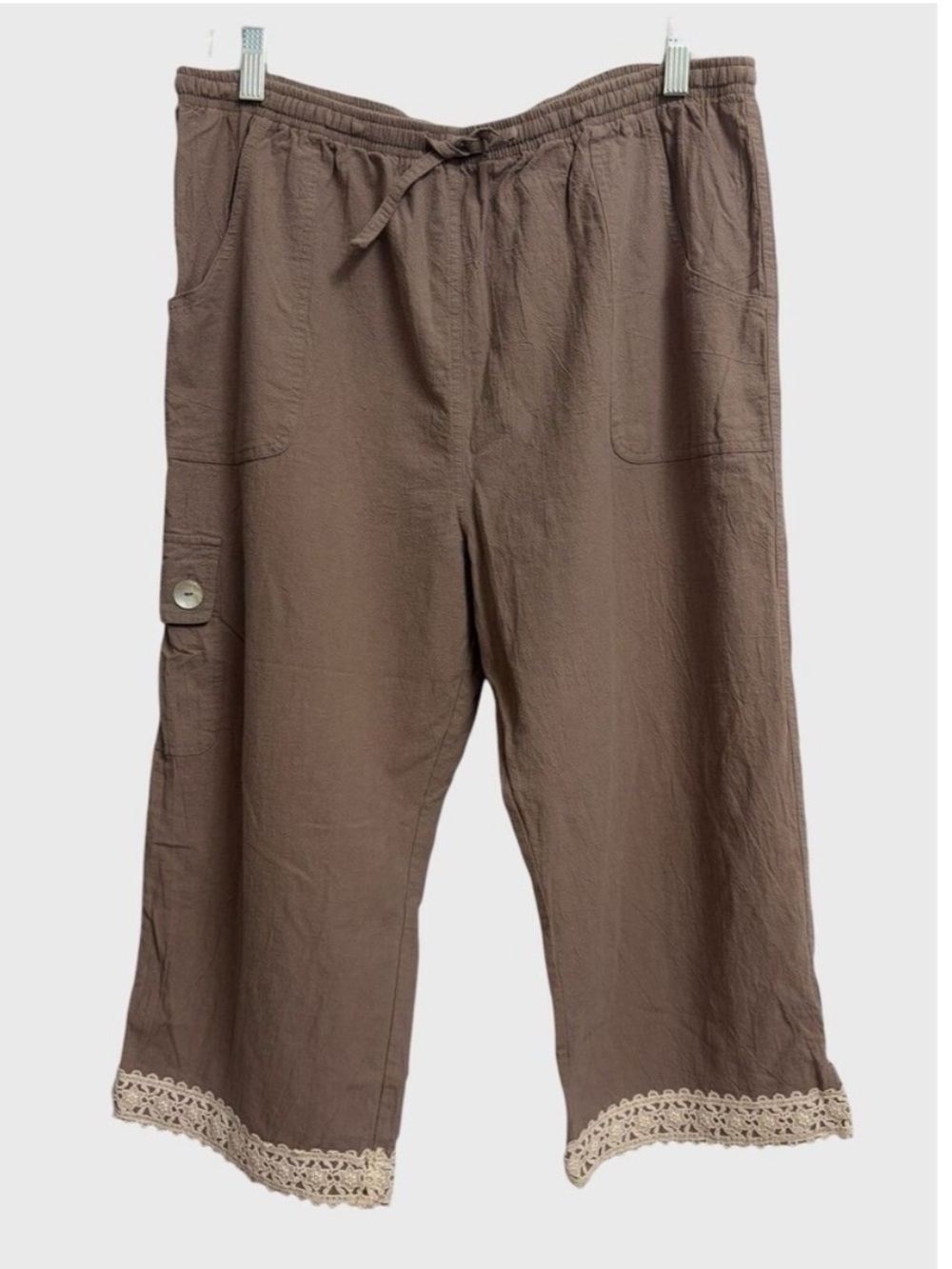 Hillard & Hanson Crinkle Cotton Crop Pants Women's XL Tan Crochet Lace Hem Trim